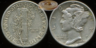 США. 10 центов (Дайм). 1942.D (XF. Серебро)
