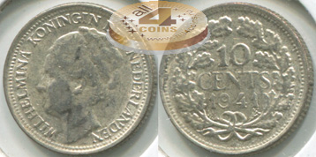 Нидерланды. 10 центов. 1941 (XF. Серебро)