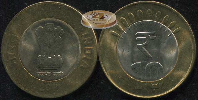Индия. 10 рупий. 2011 (Unc. Биметалл) Новый символ рупии