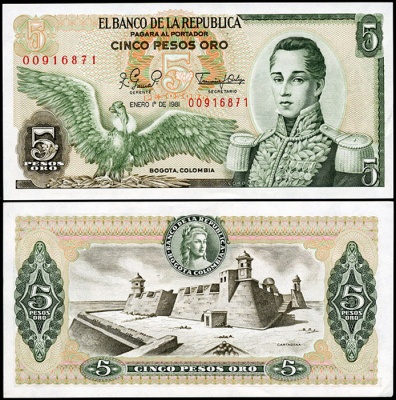 Колумбия. Банкнота 5 песо оро. 01.01.1981. Unc. Бумага. Кат# P.406f