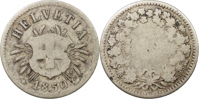 Швейцария. Монета 5 раппенов. 1850.AB (S.1211 / KM#5. G/F)