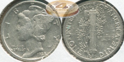 США. 10 центов [Дайм]. 1938 (VF. Серебро)