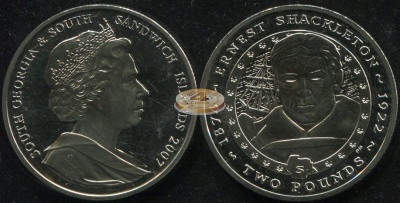 Южная Георгия и Южные Сандвичевы о-ва. Монета 2 фунта. 2007 (KM#35. Unc) Эрнест Шеклтон. 1874-1922