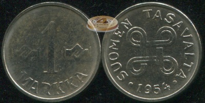 Финляндия. Монета 1 марка. 1954 (KM#36a. Unc)