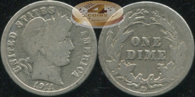 США. 10 центов (Дайм). 1911.D (VG/G. Серебро)