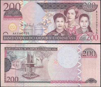Доминиканская республика Банкнота 200 песо оро 2007 Unc Бумага Кат# P.178a