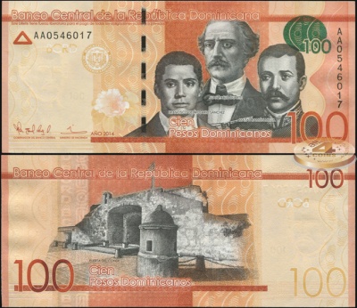 Доминиканская республика. Банкнота 100 песо доминикано. 2014. Unc. Бумага. Кат.# P.190a