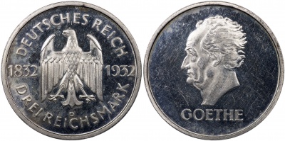 Германия [Веймарская респ.]. Монета 3 рейхсмарки. 1932.D (KM#76. Proof. aUnc/XF. Серебро) Гёте