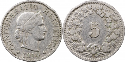 Швейцария. Монета 5 раппенов. 1914.B (S.1212 / KM#26. VF)
