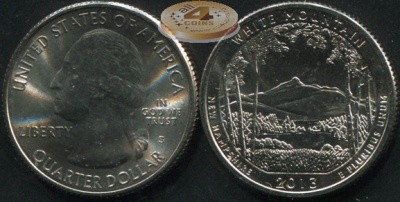 США. Монета 25 центов [Квотер]. 2013.S (KM#542. Unc) White Mountain [New Hampshire]