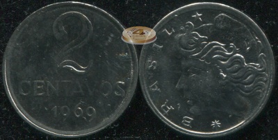 Бразилия. Монета 2 центаво. 1969 (KM#576.2. Unc)