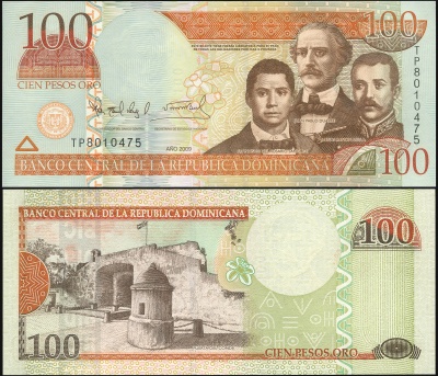 Доминиканская республика Банкнота 100 песо оро 2009 Unc Бумага Кат# P.177b