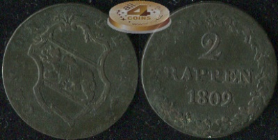 Швейцария (Берн). 2 раппена. 1809 (VF.Биллон)