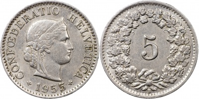 Швейцария. Монета 5 раппенов. 1955.B (S.1212 / KM#26. aUnc/Unc)