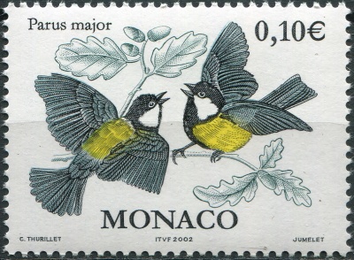 Монако. 2002. Большая синица (Parus major) (Почтовая марка. MNH OG)