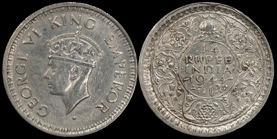 Британская Индия. Монета 1/4 рупии. 1944.B (KM#547. XF+. Серебро)
