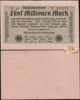 Германия (Веймарская респ.). 5000000 марок (aUnc) 1923