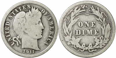 США. Монета 10 центов [Дайм]. 1911 (KM#113. aVF. Серебро) Barber Dime
