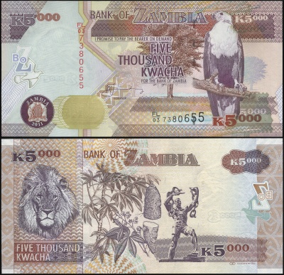 Замбия. Банкнота 5000 квач. 2011. Unc. Бумага. Кат.# P.45g