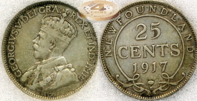 Ньюфаундленд (Канада). 25 центов. 1917 (VF-30. Слаб)