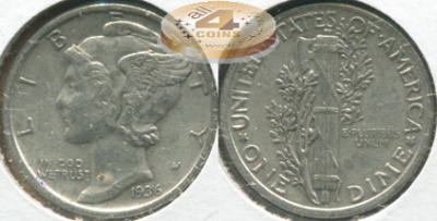 США. 10 центов [Дайм]. 1936 (XF+. Серебро)