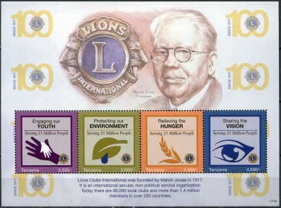 Танзания. 2017. 100 лет организации Lions Clubs (Малый лист. MNH OG)