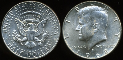 США. 1/2 доллара. 1968.D (aUnc. Серебро)