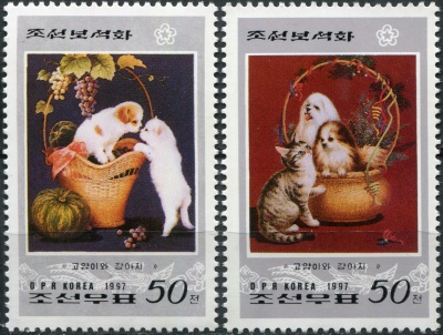 КНДР. 1997. Картины с изображением кошек и собак (Серия Почтовых марок. MNH OG)