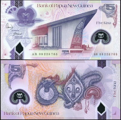 Папуа Новая Гвинея. Банкнота 5 кина. (20)09. Unc. Пластик. Кат.# P.29b