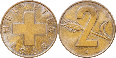 Швейцария. Монета 2 раппена. 1963.B (S.1214 / KM#47. Unc)