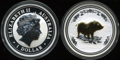 Австралия. 1 доллар. Год Свиньи. 2007 (Серебро с позолотой)