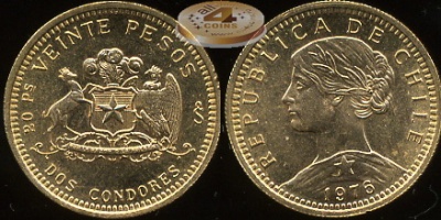 Чили. 20 песо. 1976 (Unc. Золото)