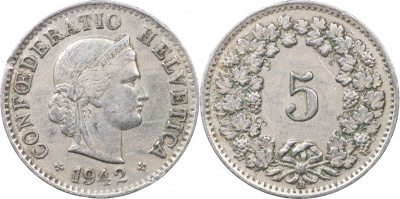 Швейцария. Монета 5 раппенов. 1942.B (S.1212 / KM#26. XF)
