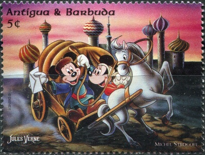 Антигуа и Барбуда. 1996. Микки и Минни управляют почтовой тележкой (Почтовая марка. MNH OG)