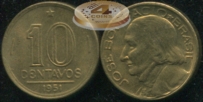 Бразилия. Монета 10 центаво. 1951 (KM#561. aUnc/Unc)