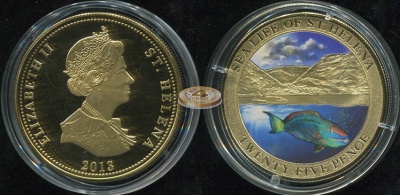 Остров Святой Елены. Монета 25 пенсов. 2013 (KM#NL. Proof. Капсула. Позолота. Эмаль) Рыбы