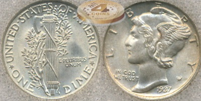 США. 10 центов (Дайм). 1937 (BU. Серебро/ MS-68FB, слаб)