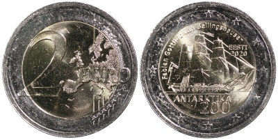 Эстония. Монета 2 евро. 2020 (Unc. Биметалл) 200 лет со дня открытия Антарктиды