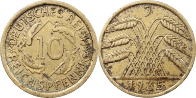 Германия [Веймарская республика]. Монета 10 рейхспфеннигов. 1935.J (J.317 / KM#40. XF)