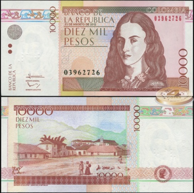 Колумбия. Банкнота 10000 песо. 21.08.2012(2014). Unc. Бумага. Кат.# P.453o