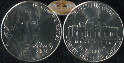 США. Монета 5 центов [Никель]. 2010.P (KM#381. Unc) Усовершенствованный Монтичелло