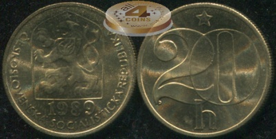 Чехословакия. Монета 20 геллеров. 1989 (KM#74. Unc)