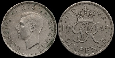 Великобритания. Монета 6 пенсов. 1949 (KM#875. Unc)