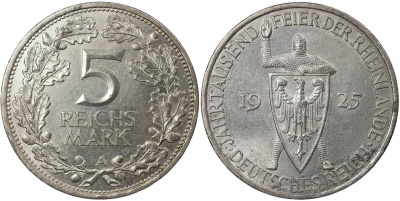 Германия [Веймарская респ.]. Монета 5 рейхсмарок. 1925.A (KM#47. Unc. Серебро) Рейнская область