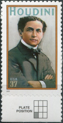 США. 2002. Гарри Гудини (1874-1926), иллюзионист и актер (Почтовая марка. MNH OG)