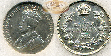 Канада. 5 центов. 1912 (aUnc-50. Слаб)