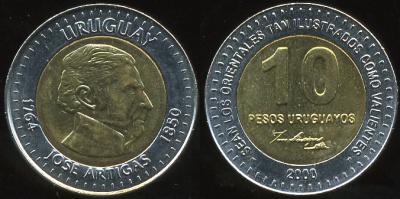 Уругвай. 10 песо. 2000. (Биметалл)