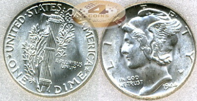 США. 10 центов (Дайм). 1944 (BU. Серебро / MS-68, слаб)