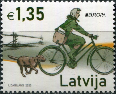 Латвия. 2020. EUROPA. Доставка почты на велосипеде (Почтовая марка. MNH OG)