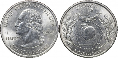 США. Монета 25 центов [Квотер]. 1999.D (KM#296. Unc) Джорджия